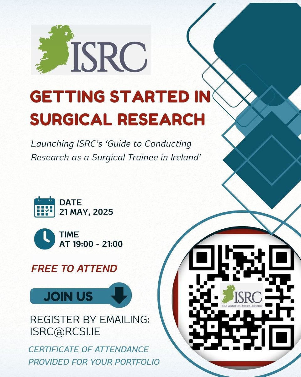 Irish Surgical Research Collaborative (@isrctweets) on Twitter photo Want to learn more about clinical research? Join our webinar on May 21st to learn more about different aspects of clinical research. Many interesting talks are being delivered by our ISRC members! <a href="/RCSI_Irl/">RCSI</a> <a href="/GalwaySurgery/">University of Galway Surgery ๐ฌ๐งฌ</a> <a href="/Matersurgery/">MaterSurgery</a> <a href="/CancerCentreIre/">Beaumont RCSI Cancer Centre</a> <a href="/CancerInstIRE/">Trinity St James's Cancer Institute</a> <a href="/SurgeryUhw/">UHW Surgery</a> Want to learn more about clinical research? Join our webinar on May 21st to learn more about different aspects of clinical research. Many interesting talks are being delivered by our ISRC members! <a href="/RCSI_Irl/">RCSI</a> <a href="/GalwaySurgery/">University of Galway Surgery ๐ฌ๐งฌ</a> <a href="/Matersurgery/">MaterSurgery</a> <a href="/CancerCentreIre/">Beaumont RCSI Cancer Centre</a> <a href="/CancerInstIRE/">Trinity St James's Cancer Institute</a> <a href="/SurgeryUhw/">UHW Surgery</a>