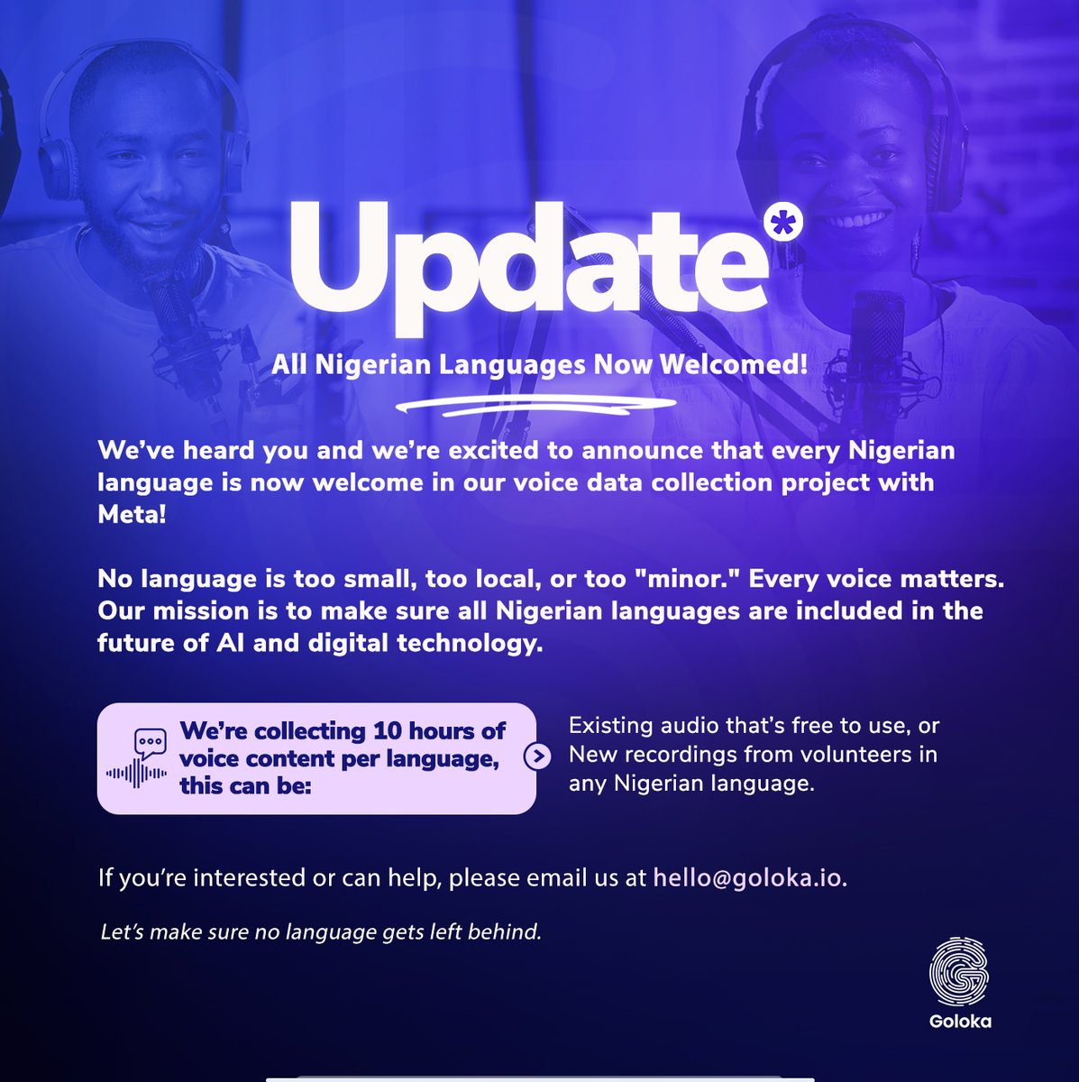 We’re now welcoming all Nigerian languages in our voice data project with <a href="/Meta/">Meta</a>
Igbo, Yoruba, and Hausa are covered, and Urhobo &amp; Isoko are on the way.

Every voice matters—let’s make sure no language is left out. 

Want to help? Email hello@goloka.io

#AI #datafordevelopment