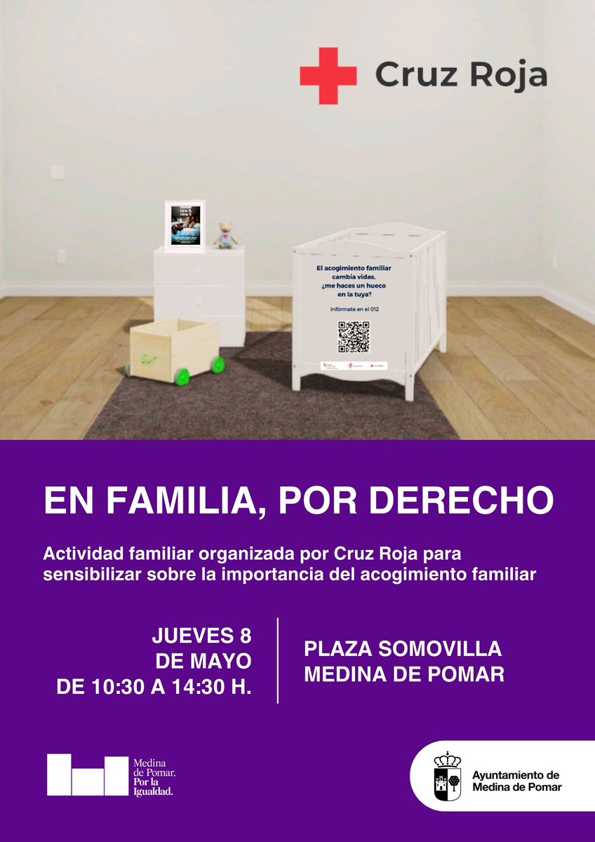 #AcogimientoFamiliar #CruzRoja #MedinadePomar

👨‍👨‍👧‍👦 ACTIVIDAD FAMILIAR: EN FAMILIA, POR DERECHO 👨‍👨‍👧‍👦
Simulación de una habitación de acogimiento familiar en colaboración con <a href="/CruzRojaBurgos/">Cruz Roja en Burgos</a> 

📆 Jueves, 8 de mayo
⏰ De 10:30 a 14:30 h.
📍 Plaza Somovilla