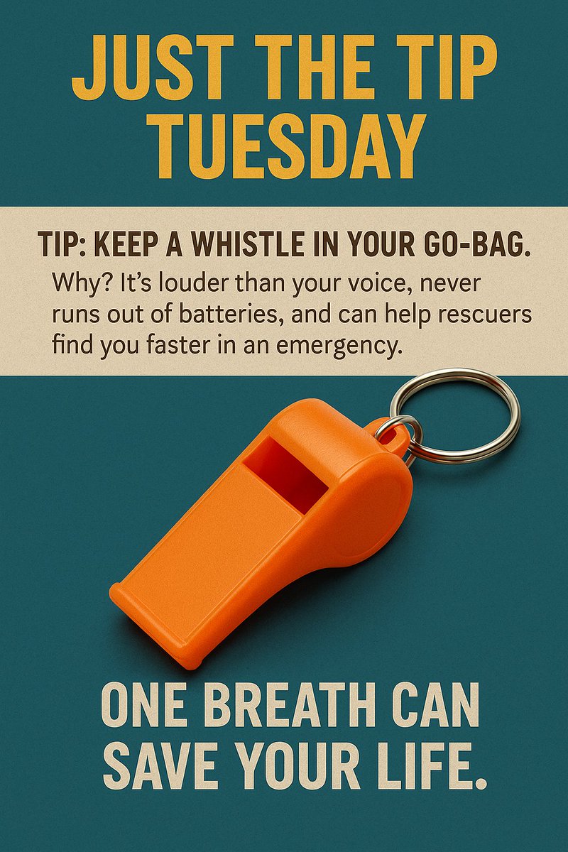 GuardianWi69067's tweet photo. Just the Tip Tuesday!
Keep a whistle in your go-bag.
Why? It’s louder than your voice, never runs out of batteries, and can help rescuers find you faster in an emergency.

One breath can save your life.
#JustTheTipTuesday #EmergencyPreparedness #PreparedWithGuardian #GuardianCare https://t.co/6IzyXe2cB1
