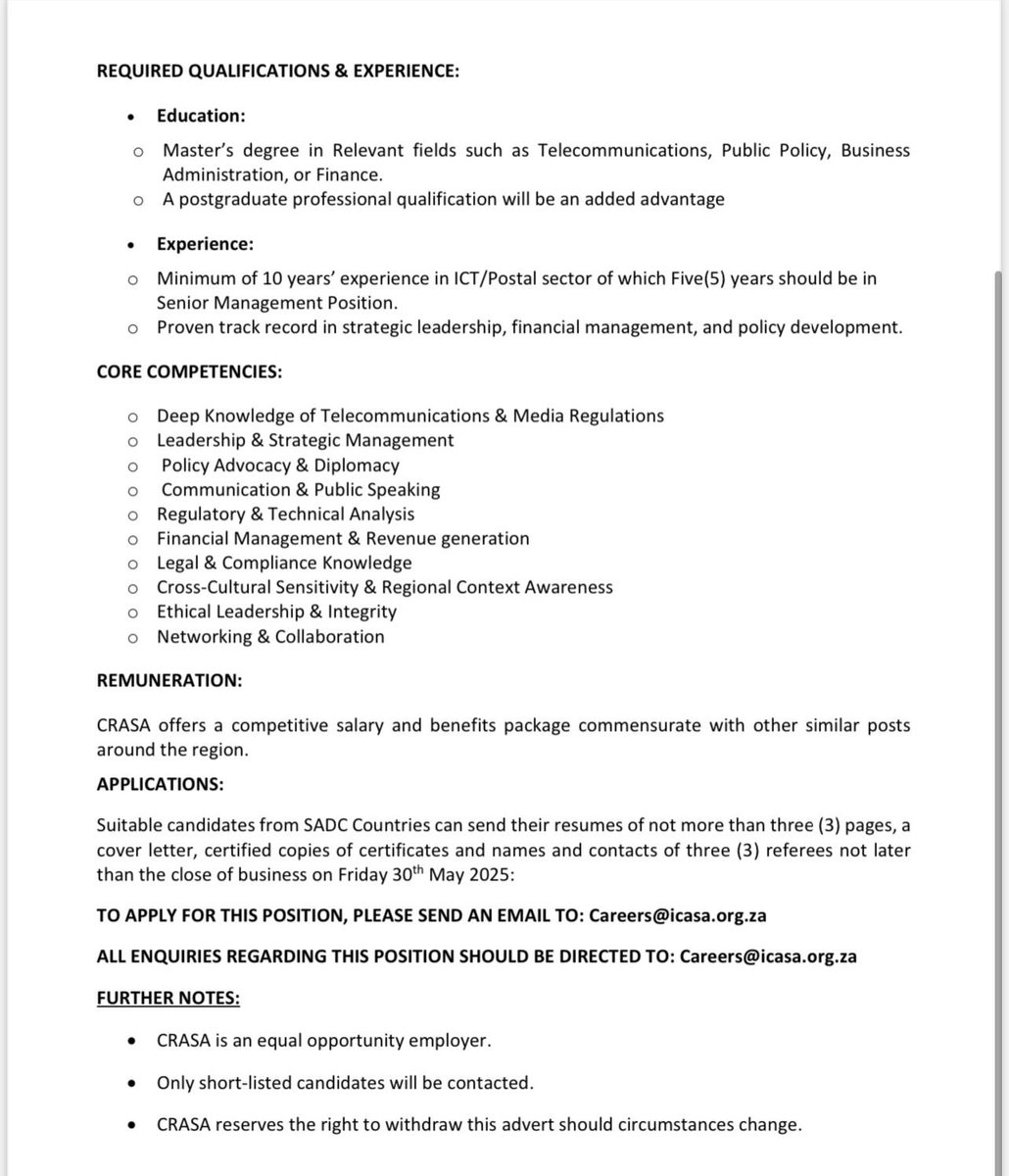 Exciting Opportunity: <a href="/CRASA_ORG/">CRASA</a> is hiring

The Communications Regulators’ Association of Southern Africa is currently recruiting for the position of Executive Secretary. If you’re a professional looking to contribute to regional regulatory excellence, this could be your chance