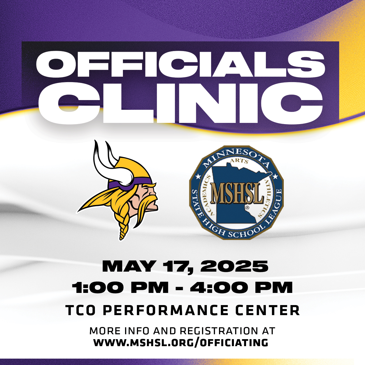 Minnesota State High School League (@mshsl) on Twitter photo New <a href="/MSHSL_Officials/">MSHSL Officiating</a> candidates can learn the basics of football officiating, plus hear from NFL and Big Ten officials and a Minnesota Vikings speaker at TCO Performance Center on May 17.
Register: mshsl.org/about/news/lea… New <a href="/MSHSL_Officials/">MSHSL Officiating</a> candidates can learn the basics of football officiating, plus hear from NFL and Big Ten officials and a Minnesota Vikings speaker at TCO Performance Center on May 17.
Register: mshsl.org/about/news/lea…
