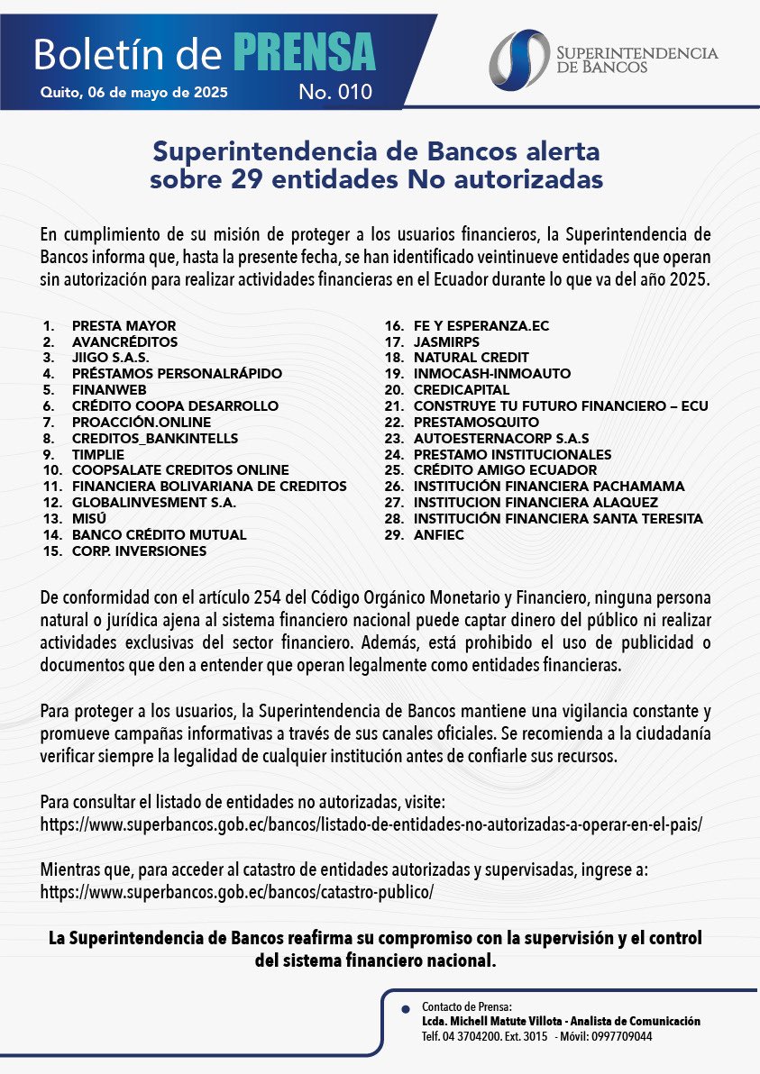superbancosEC's tweet photo. 🗞️Boletín | Alertamos sobre 2️⃣9️⃣ entidades No Autorizadas para realizar actividades reservadas al Sistema Financiero Nacional.

📄Lee la nota completa aquí 👇🏻
➡️ https://t.co/KDkDs1nArM

#Supervisión #Control #Transparencia https://t.co/rtSFjdiUUn