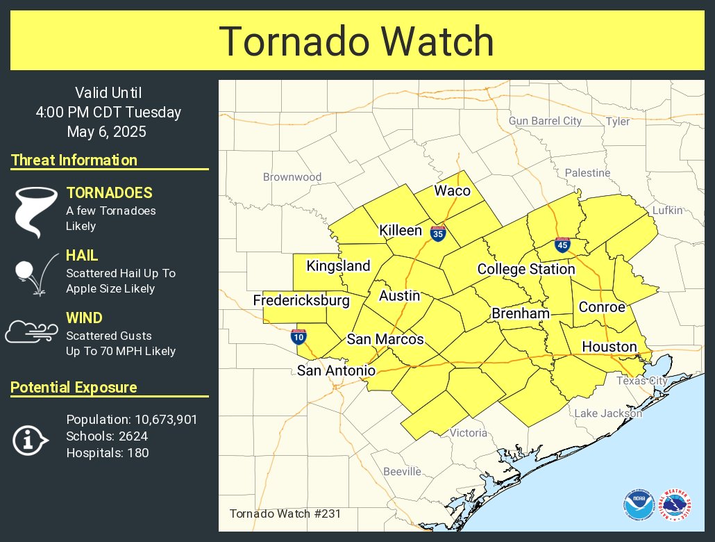 City of Kyle (@cityofkyletx) on Twitter photo The <a href="/NWSSanAntonio/">NWS Austin/San Antonio</a> has issued a tornado watch for Hays County until 4 PM May 6. Be ready to act quickly if a warning is issued or you suspect a tornado is approaching. Review your emergency plans & check supplies & your safe room. #KyleTX
For current weather conditions visit The <a href="/NWSSanAntonio/">NWS Austin/San Antonio</a> has issued a tornado watch for Hays County until 4 PM May 6. Be ready to act quickly if a warning is issued or you suspect a tornado is approaching. Review your emergency plans & check supplies & your safe room. #KyleTX
For current weather conditions visit