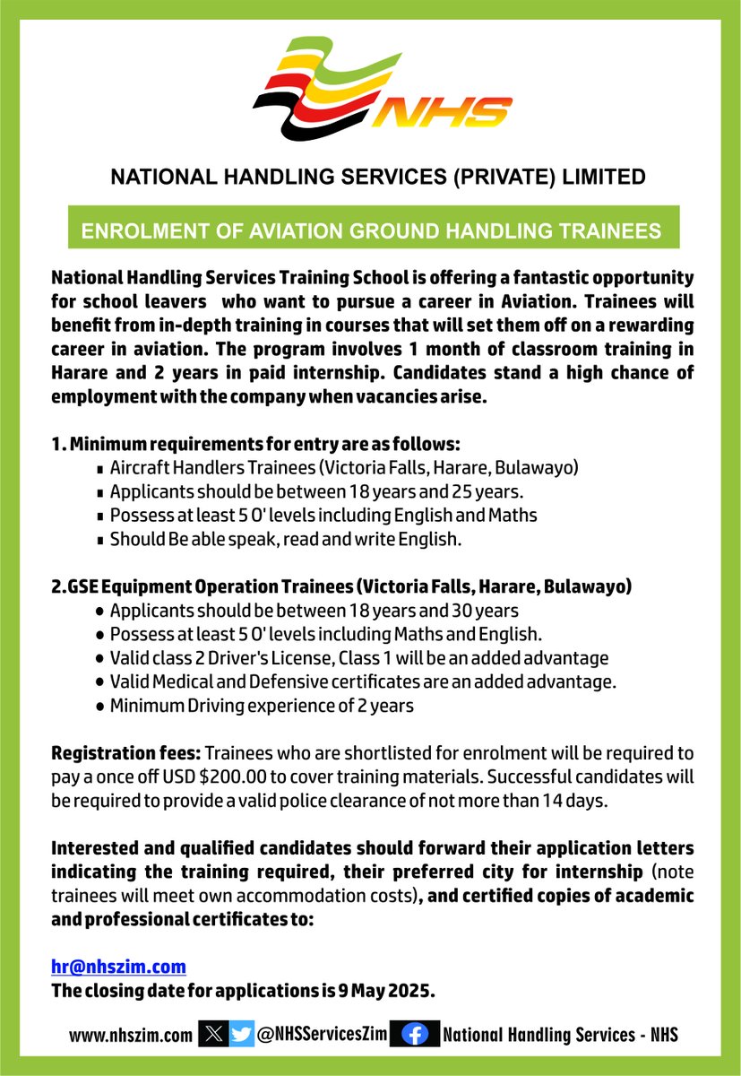 Aviation Ground Handling Training Opportunities with NHS
nhszim.com for MORE!