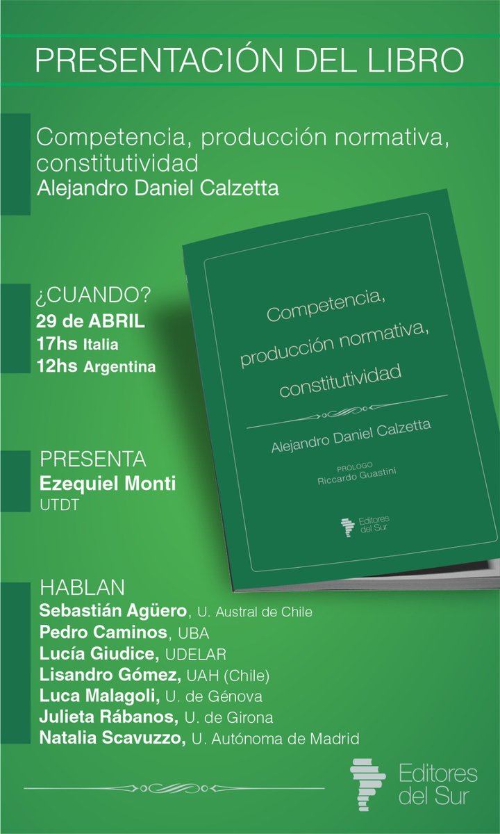 🗓️El 29 de abril se presentó por Zoom el libro “Competencia, producción normativa, constitutividad”, de Alejandro Daniel Calzetta. 
Si te lo perdiste, acá podes acceder a la grabación:
drive.google.com/file/d/1WwueG8…

Y si queres el libro 👉🏻editoresdelsur.com/productos/comp…