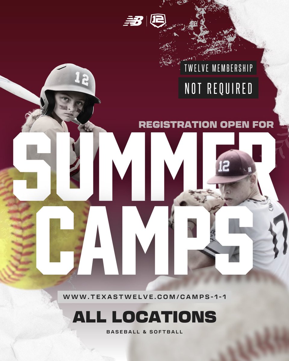 Registration for summer camps in ALL locations is now open! ‼️

Visit our website to get signed up.

Space is limited! Don't miss the opportunity to get better in the offseason! Twelve Membership is NOT required. 

Camp opportunities for both softball and baseball players. 🥎⚾️