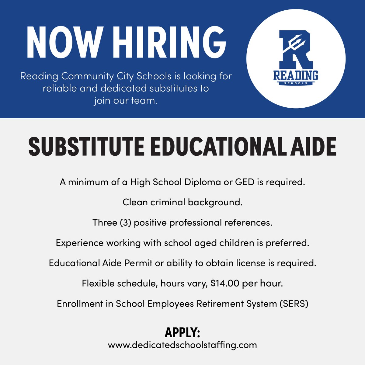 Dedicated School Staffing (@dedicated_ss) on Twitter photo Reading Community City Schools (<a href="/ReadingCSD/">Reading Schools</a>) is looking for Substitute Educational Aides for daily assignments. Enjoy flexible scheduling - you choose when to work! Make a difference and work assignments that interest you. Join our team and apply here: bit.ly/4awXSrM Reading Community City Schools (<a href="/ReadingCSD/">Reading Schools</a>) is looking for Substitute Educational Aides for daily assignments. Enjoy flexible scheduling - you choose when to work! Make a difference and work assignments that interest you. Join our team and apply here: bit.ly/4awXSrM