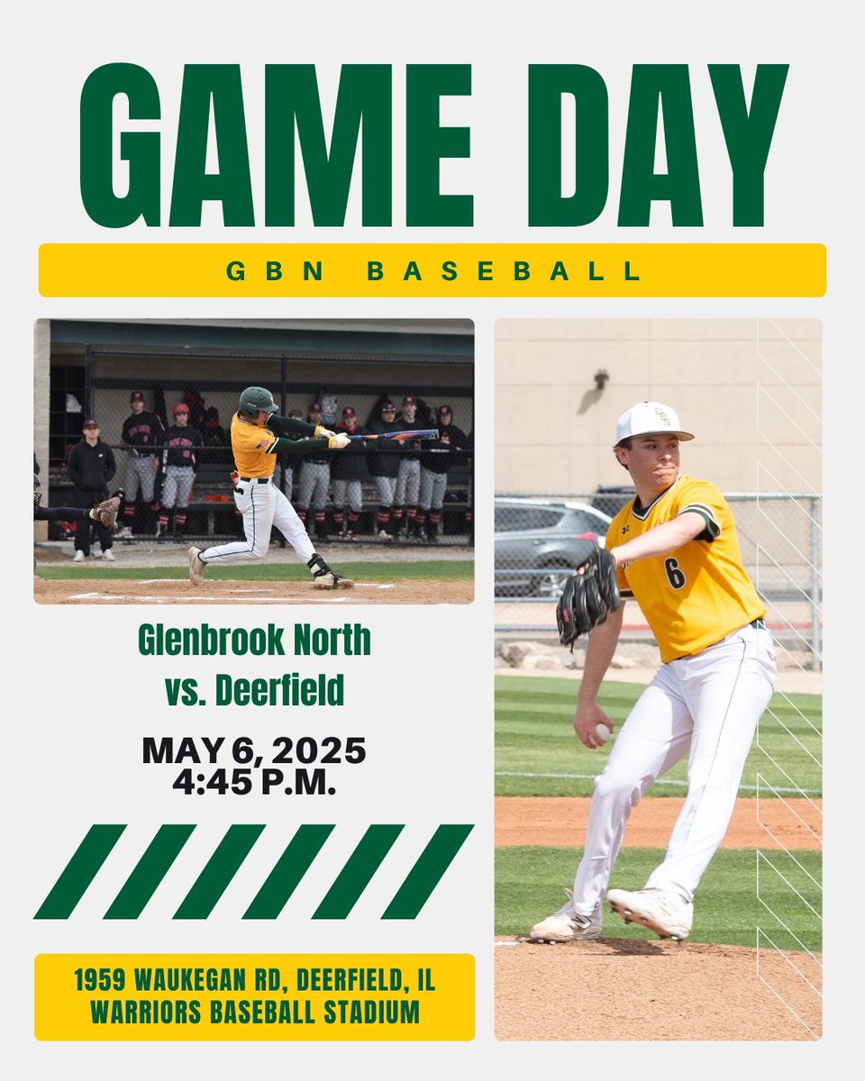 Glenbrook North Baseball (@gbn_baseball) on Twitter photo IT’S GAMEDAY!
🆚 <a href="/DHS__Athletics/">Deerfield Athletics</a>
⏰ 4:45 p.m.
📍 Warriors Baseball Stadium
☀️ 73°
#gritoverglory
📸: Hayden Leven / Jinny Hyun IT’S GAMEDAY!
🆚 <a href="/DHS__Athletics/">Deerfield Athletics</a>
⏰ 4:45 p.m.
📍 Warriors Baseball Stadium
☀️ 73°
#gritoverglory
📸: Hayden Leven / Jinny Hyun