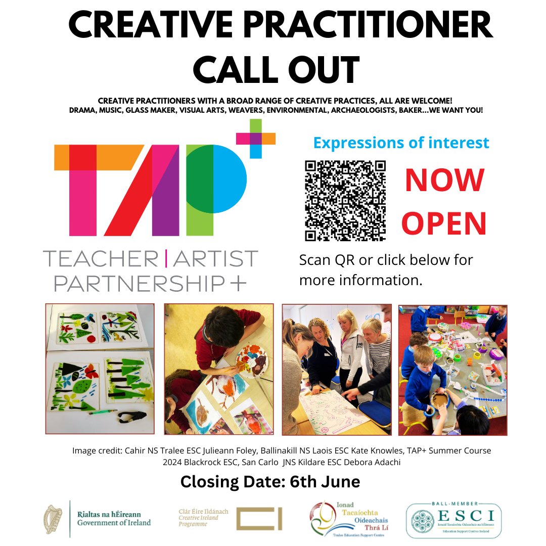 Teacher Artist Partnership+ 2025 Creative Practitioner Call Out is NOW OPEN!!   
Date: 1st July - 5th of July      

Creative Practitioners, further TAP+ information here: traleeecs-my.sharepoint.com/:b:/g/personal…

Closing Date: 6th June 2025.
<a href="/creativeirl/">Creative Ireland</a> <a href="/Education_Ire/">Department of Education and Youth</a> <a href="/TraleeESC/">Tralee Education Support Centre</a> <a href="/ESCItweets/">ESCI</a>
