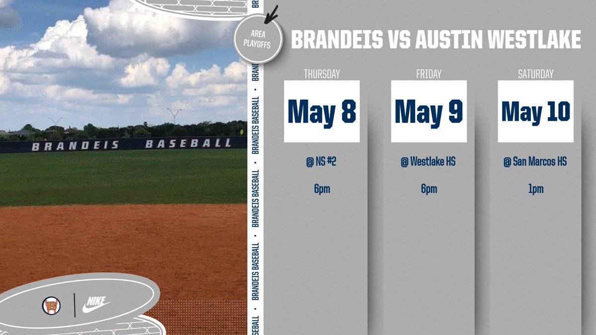 Area Round Playoff Schedule!! Broncos will play Austin Westlake in a 3 game series starting on Thursday, May 8th with the first pitch at 6pm at NS #2. #ACAAC