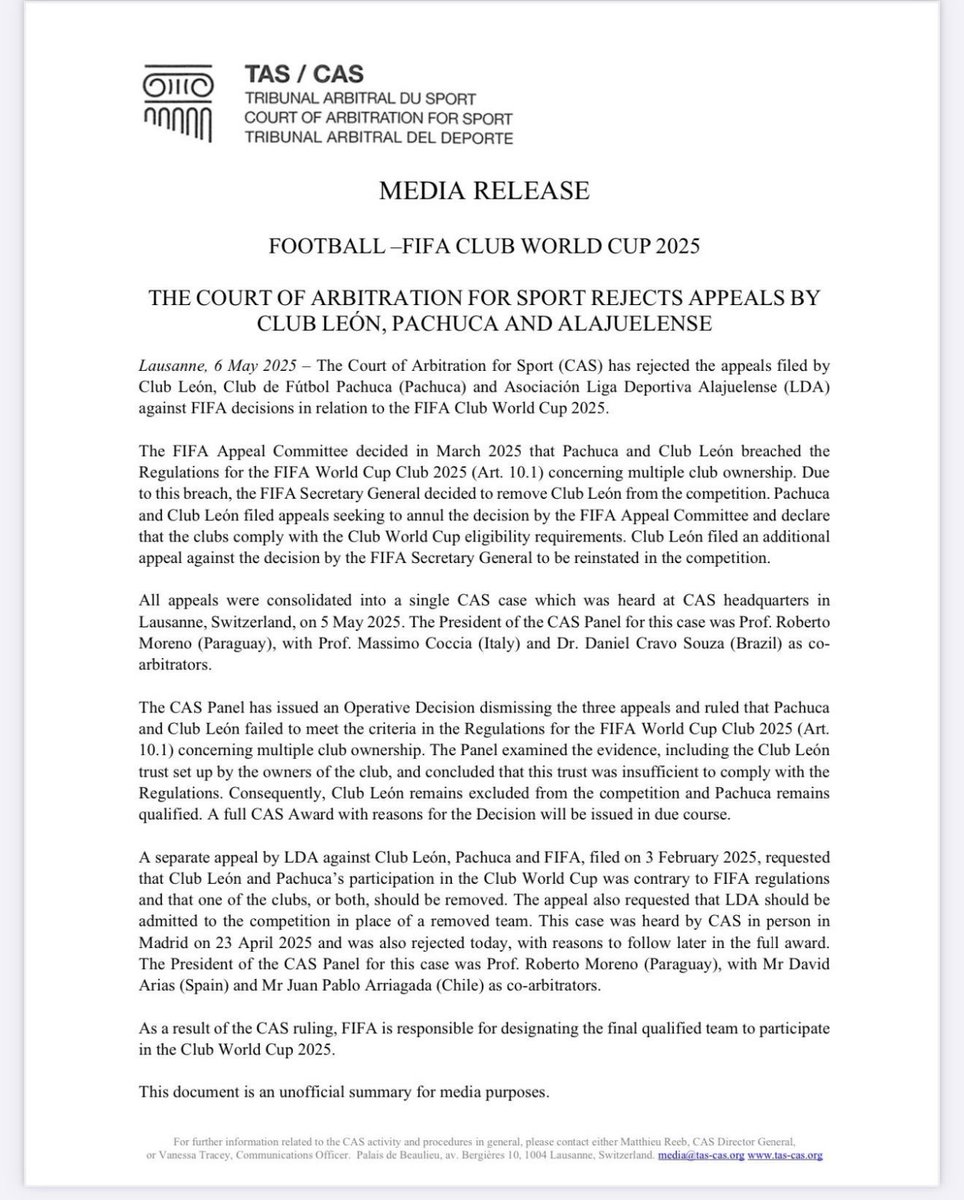 El León se queda sin Mundial de Clubes por la multipropiedad, una trampa, una ilegalidad que el futbol mexicano ha normalizado…
Que pena por sus futbolistas y por su gran afición…