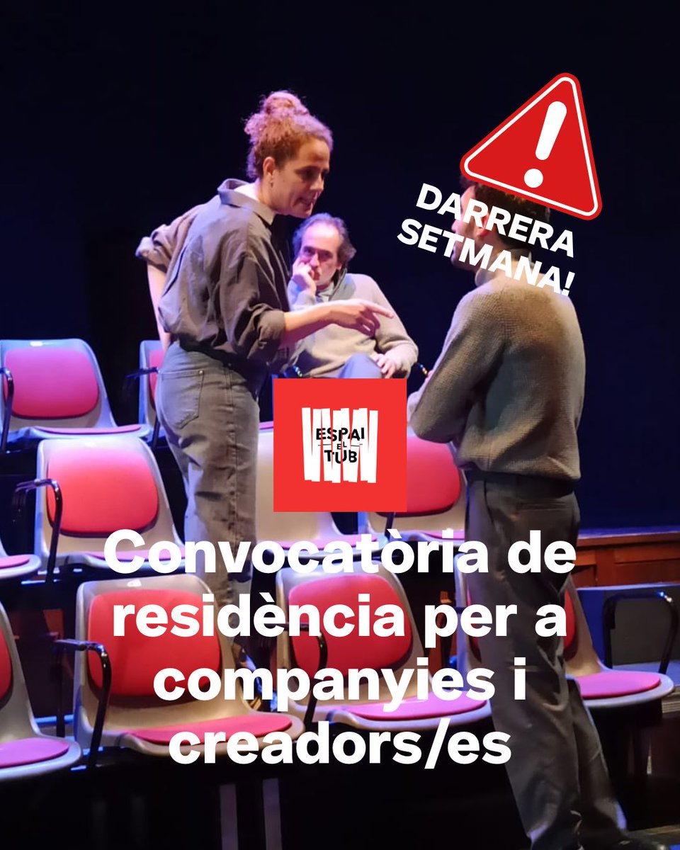 ⚠️Darrera setmana per presentar-vos a la convocatòria d'una residència al juliol de 2 setmanes a l'<a href="/EspaiElTub/">Espai El Tub</a> per a companyies o creadors/res balears que vulguin desenvolupar un projecte que tengui com a base la nova dramatúrgia. 
📅Límit: 15 de maig 
ℹ️shorturl.at/dBLJ2