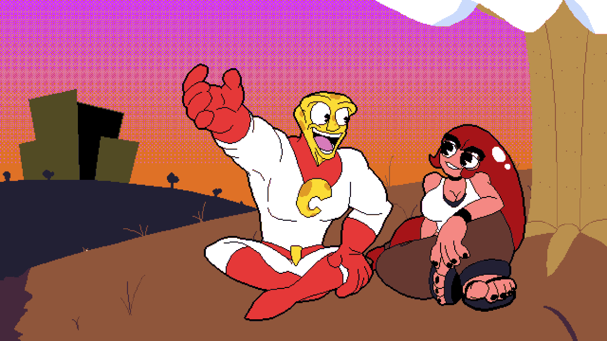 DonDevRed's tweet photo. So here's Cheddarhead and Pepper, chilling at the usual spot away from the troubles of city life. Cheddarhead likes to tell his stories about his gig, and while Pepper can't really fully capture all of it, she likes to listen.

#Cheddarhead #indiegame #art #oc #ocart #Aseprite https://t.co/kBvJcaeX0O