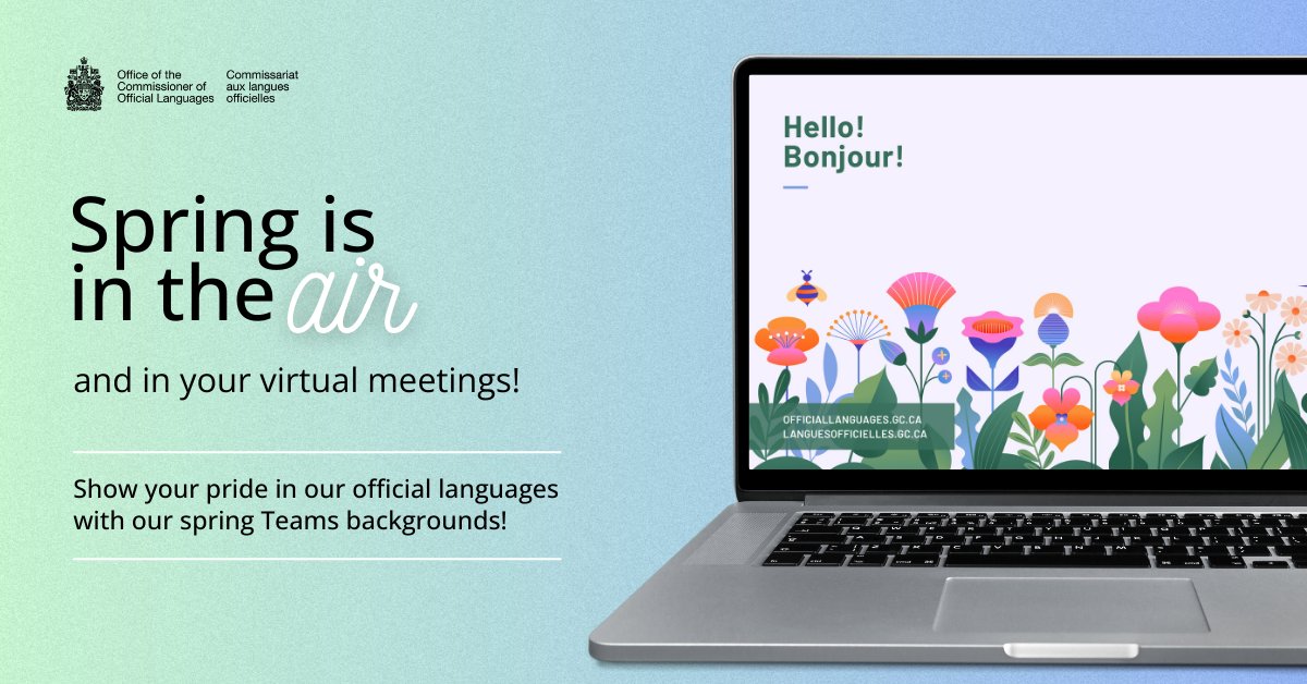OCOLCanada's tweet image. Federal public servants: Add a dash of #freshness and #colour to your virtual meetings and let your pride for our two #OfficialLanguages #shine through. 

Download our new MS Teams backgrounds!

clo-ocol.gc.ca/en/tools-resou…