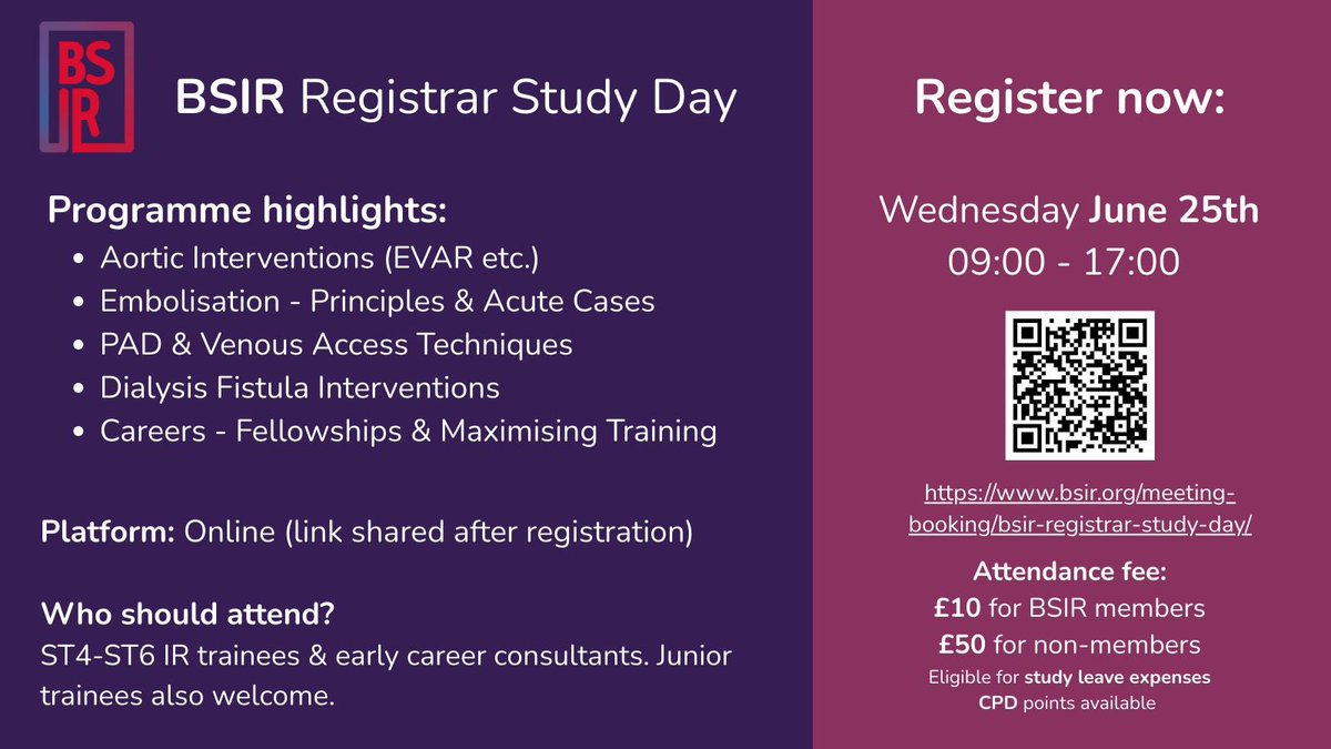 BSIR Trainees (British Society of IR Trainees) (@traineesbsir) on Twitter photo *Inaugural BSIR Trainee Study Day*🚨
The first-ever BSIR Registrar Study Day is here!
🗓️ Wednesday 25 June | ⏰ 09:00–17:00 | 💻 Online
This year’s theme: Mastering the MDT
Real-world tips to boost your IR planning and decision-making. 💡
<a href="/BSIR_News/">The British Society of Interventional Radiology</a> <a href="/_the_SRT/">The Society of Radiologists in Training</a> <a href="/ETF_IRtrainees/">CIRSE European Trainee Forum</a> *Inaugural BSIR Trainee Study Day*🚨
The first-ever BSIR Registrar Study Day is here!
🗓️ Wednesday 25 June | ⏰ 09:00–17:00 | 💻 Online
This year’s theme: Mastering the MDT
Real-world tips to boost your IR planning and decision-making. 💡
<a href="/BSIR_News/">The British Society of Interventional Radiology</a> <a href="/_the_SRT/">The Society of Radiologists in Training</a> <a href="/ETF_IRtrainees/">CIRSE European Trainee Forum</a>