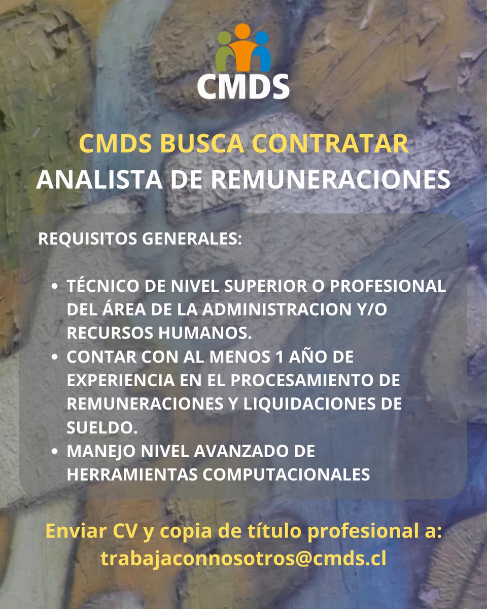 CMDS Antofagasta (@cmds_antof) on Twitter photo 📢OFERTA LABORAL
CMDS requiere contratar Analista de Remuneraciones
Interesados (as) enviar los antecedentes al correo📨
trabajaconnosotros@cmds.cl
#Antofagasta 📢OFERTA LABORAL
CMDS requiere contratar Analista de Remuneraciones
Interesados (as) enviar los antecedentes al correo📨
trabajaconnosotros@cmds.cl
#Antofagasta