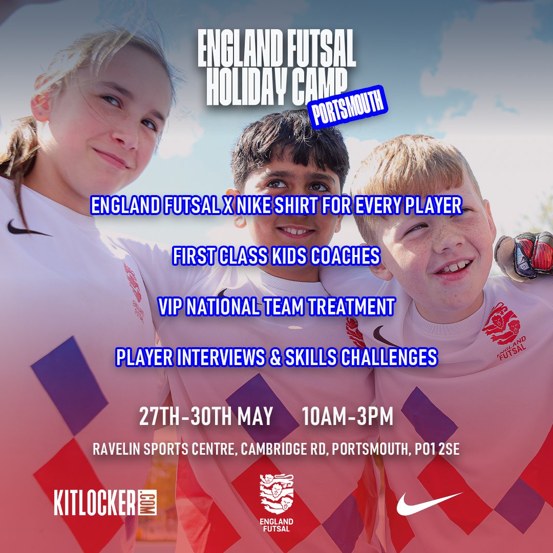 EnglandFutsal's tweet photo. ENGLAND FUTSAL HOLIDAY CAMPS RETURN 🦁

After a memorable week in Warwick, we're delighted to announce a second venue for our national team experiences this May half-term ✌️

England Futsal are bringing the Three Lions to Portsmouth 💫

FIND OUT MORE 👇
🔗https://t.co/I7uVmNHY7k https://t.co/2s5hkBpiKH