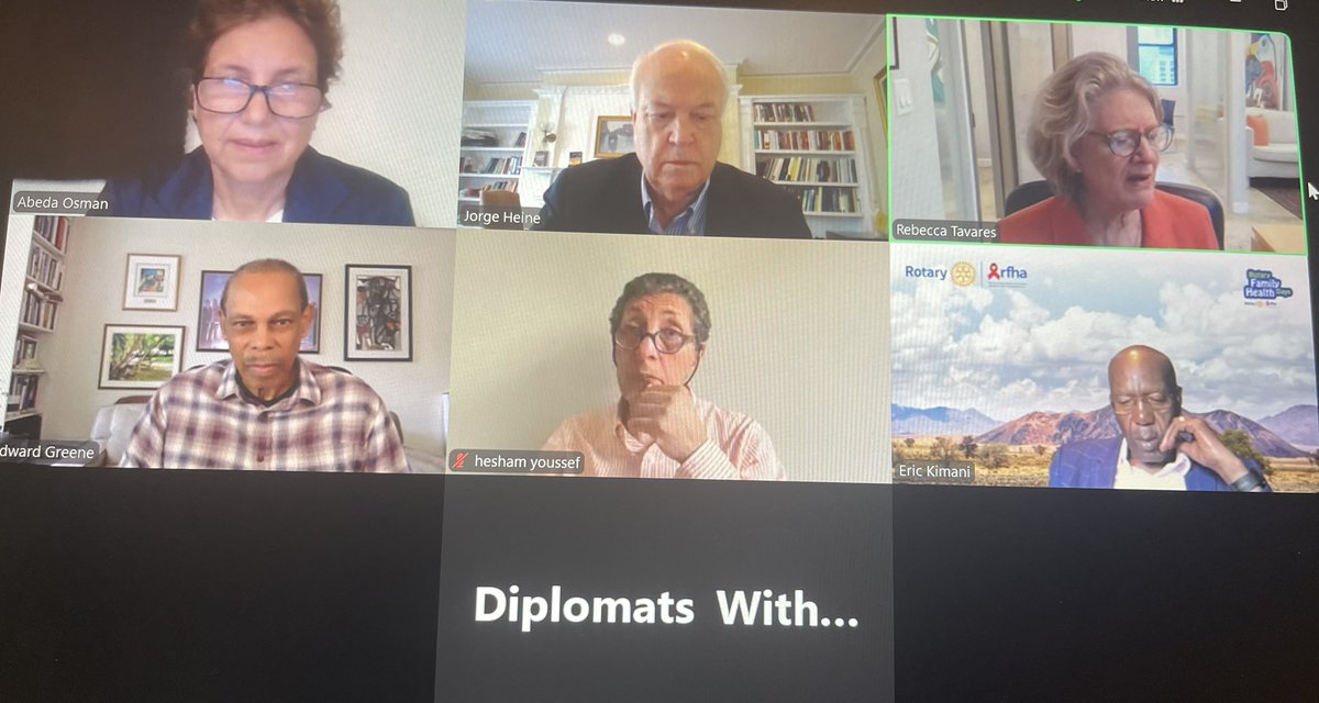 Delighted to take part in another board meeting of #DiplomatsWithoutBorders, ( <a href="/diplowb/">Diplomats Without Borders</a>) an NGO making its mark. Logging on from Nairobi, Cairo, Washington DC , Boston + New York City. 96 members, mosly senior diplomats,  from 49 countries + counting #diplomacy . <a href="/sebastian_gray/">Sebastián Gray</a>