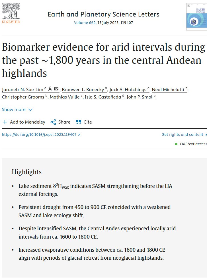 New EPSL paper on wax isotopes from the Peruvian Andes! We were able to track both South American summer monsoon variability and the highland P-E changes over the past 1,800 years.  authors.elsevier.com/a/1l2go,Ig4clLJ
