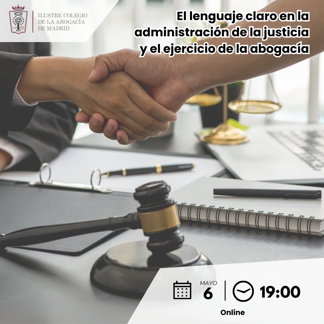 Hoy martes a las 19h, en el ICAM, la Sección de Innovación y Abogacía celebramos la jornada online en abierto y gratuita  de “El lenguaje claro en la administración de justicia y el ejercicio de la abogacía”. 

Os esperamos, inscripciones: lnkd.in/dM3cTefw

#lenguajeclaro
