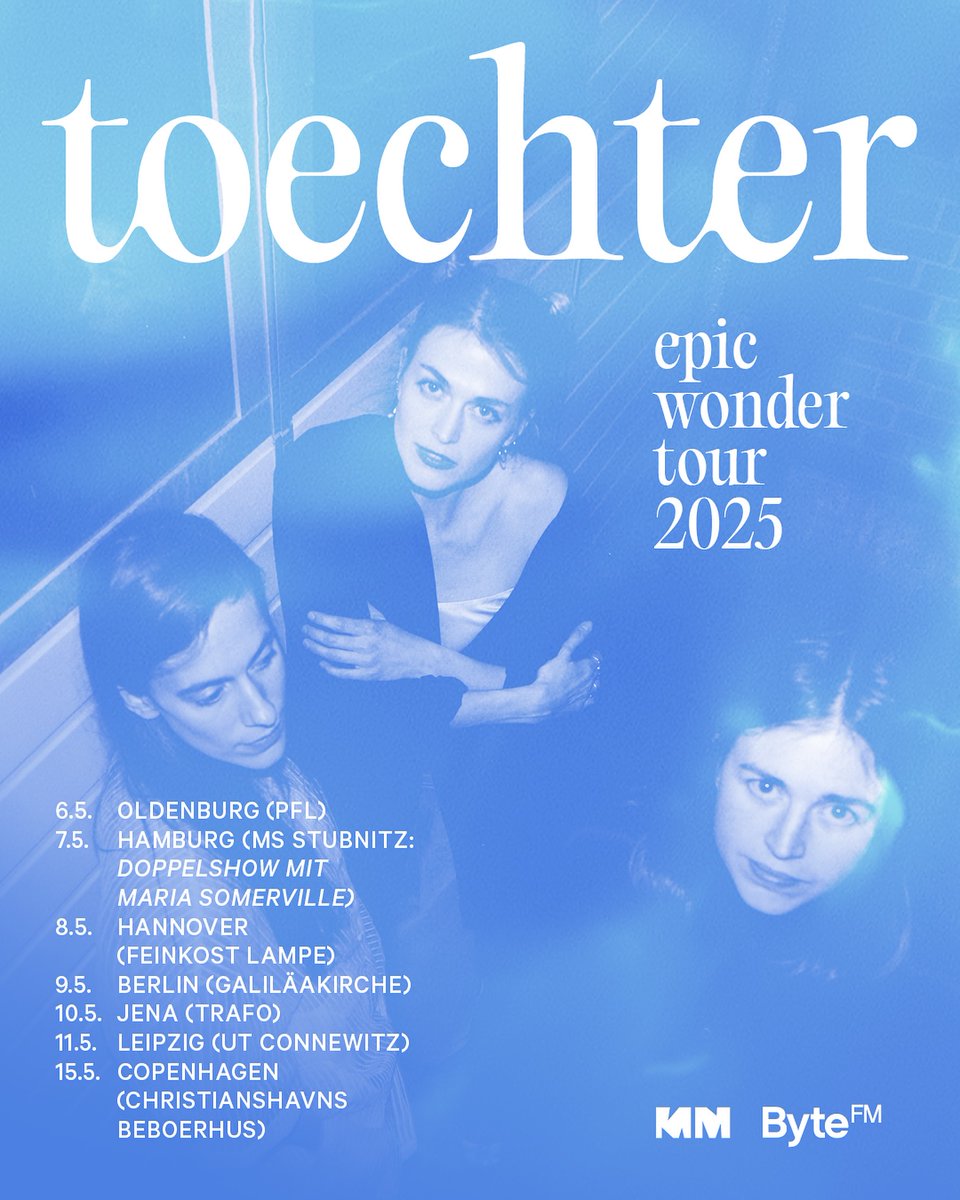 toechter tour starting today in OLDENBURG at PFL. 
07.05.25 HAMBURG , MS Stubnitz, w/ Maria Somerville 
08.05.25 HANNOVER, Feinkost Lampe 
09.05.25 BERLIN, Galiläakirche 
10.05.25 JENA, Trafo 
11.05.25 LEIPZIG, UT Connewitz
15.05.25 COPENHAGEN (DK), Christianshavns Beboerhus