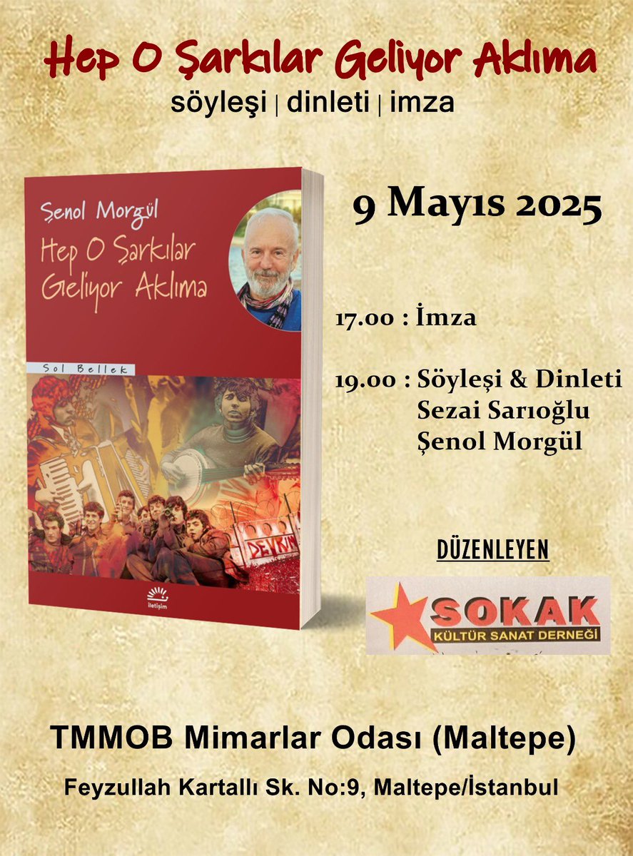Şenol Morgül ve Sezai Sarıoğlu, 9 Mayıs Cuma günü Maltepe TMMOB Mimarlar Odası'nda okurlarıyla buluşup kitaplarını imzalayacak.