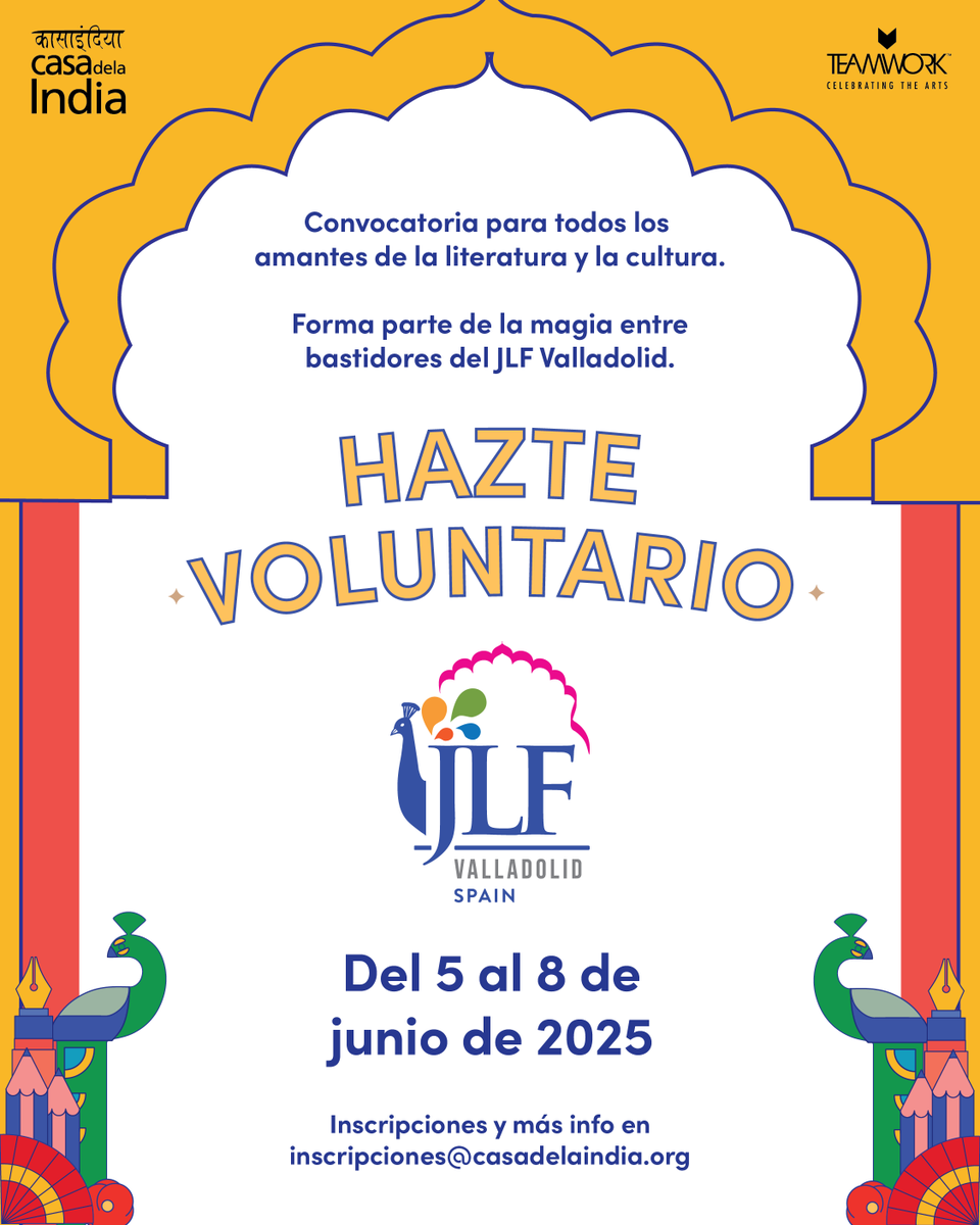 Casa de la India in Spain (@casaindiavll) on Twitter photo Ayúdanos a dar vida a la literatura y sé parte de una experiencia inolvidable en el #JLFValladolid2025
¡Apúntate a nuestro programa de voluntariado y conecta con autores, ponentes y amantes de los libros!
Envíanos tu inscripción por email a inscripciones@casadelaindia.org Ayúdanos a dar vida a la literatura y sé parte de una experiencia inolvidable en el #JLFValladolid2025
¡Apúntate a nuestro programa de voluntariado y conecta con autores, ponentes y amantes de los libros!
Envíanos tu inscripción por email a inscripciones@casadelaindia.org