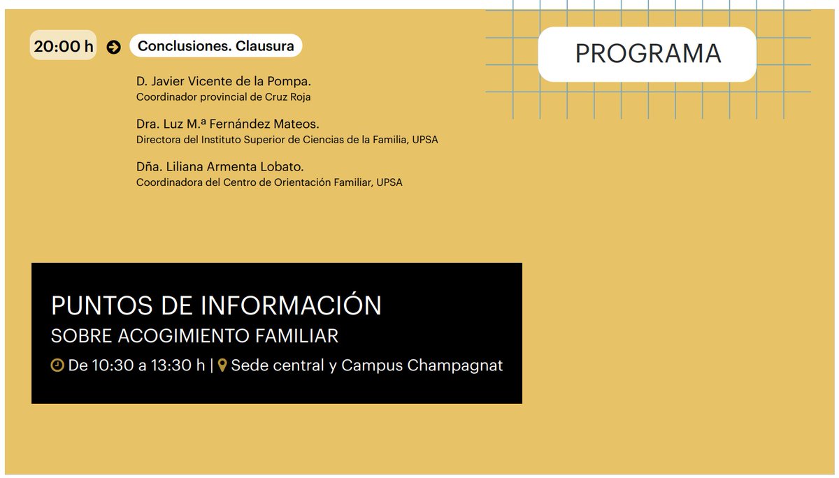 La <a href="/upsa/">UPSA</a> acoge este miércoles las I Jornadas de Acogimiento Familiar con motivo del Día Internacional de la Familia. Desde Cruz Roja participamos para informar sobre el recurso del #AcogimientoFamiliar de @familiajycl <a href="/jcyl/">Junta de Castilla y León</a> y nuestra labor en el apoyo a familias acogedoras.