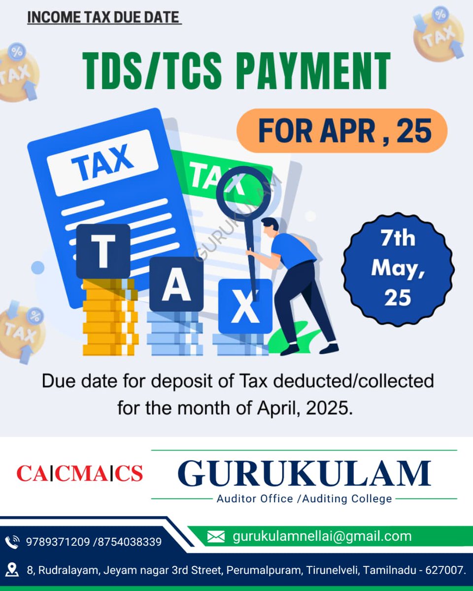CMA_NELLAIKUMAR's tweet image. TDS/TCS Payment #TDSPayment  
#TCSPayment  
#TaxCompliance  
#TDSCompliance  
#TCSCompliance  
#FileTDS  
#FileTCS  
#TaxPaymentIndia  
#TimelyCompliance  
#IncomeTaxIndia