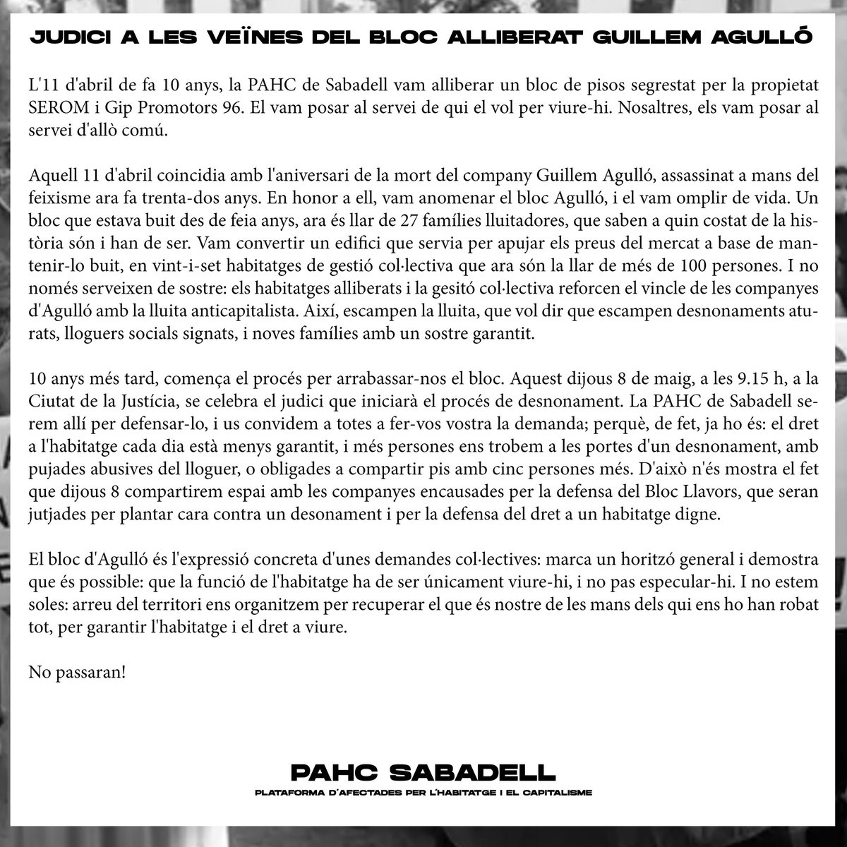 🚨 El bloc d'Agulló a judici 🚨

Dijous al matí, se celebrarà el judici que iniciarà el desnonament de 120 companyes

Fa 10 anys vam alliberar un bloc segrestat; ara en el volen arrabassar!

Defensem-nos! Dijous jutgen el moviment. També seran jutjats @llavors_absolucio 🚨