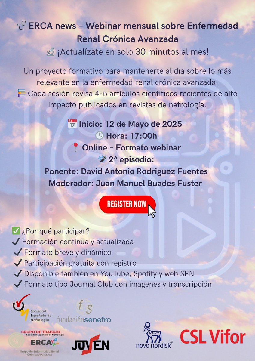 S.E.N. Nefrología (@senefrologia) on Twitter photo ¡Nuevo ERCA News! Un proyecto formativo de los GdT <a href="/SENefrologia/">S.E.N. Nefrología</a> #ERCA y <a href="/senjoven/">JovSEN</a>
Webinar 2⃣: 12 de mayo, 17h Madrid
👉30 minutos de análisis de 4-5 artículos sobre ERCA Registro gratuito en: us02web.zoom.us/webinar/regist…
<a href="/CSLViforES/">CSL Vifor ES</a> <a href="/NovoNordiskES/">Novo Nordisk España</a> <a href="/juanmbuadesfust/">juan m buades fuster</a>
¡Te esperamos! ¡Nuevo ERCA News! Un proyecto formativo de los GdT <a href="/SENefrologia/">S.E.N. Nefrología</a> #ERCA y <a href="/senjoven/">JovSEN</a>
Webinar 2⃣: 12 de mayo, 17h Madrid
👉30 minutos de análisis de 4-5 artículos sobre ERCA Registro gratuito en: us02web.zoom.us/webinar/regist…
<a href="/CSLViforES/">CSL Vifor ES</a> <a href="/NovoNordiskES/">Novo Nordisk España</a> <a href="/juanmbuadesfust/">juan m buades fuster</a>
¡Te esperamos!