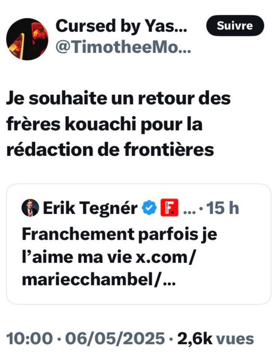 Erik Tegnér (@tegnererik) on Twitter photo Pendant que la Ligue des droits de l’Homme s’acharne à porter plainte contre nous, aucun de ces parangons de la démocratie ne va s’offusquer de ce genre de menaces reçues aujourd’hui contre nous. Signalez en masse ce compte <a href="/TimotheeMoula/">Sam Crow #InstrumentDuChaos</a> à la <a href="/prefpolice/">Préfecture de Police</a> <a href="/NunezLaurent/">Laurent Nuñez</a> Pendant que la Ligue des droits de l’Homme s’acharne à porter plainte contre nous, aucun de ces parangons de la démocratie ne va s’offusquer de ce genre de menaces reçues aujourd’hui contre nous. Signalez en masse ce compte <a href="/TimotheeMoula/">Sam Crow #InstrumentDuChaos</a> à la <a href="/prefpolice/">Préfecture de Police</a> <a href="/NunezLaurent/">Laurent Nuñez</a>