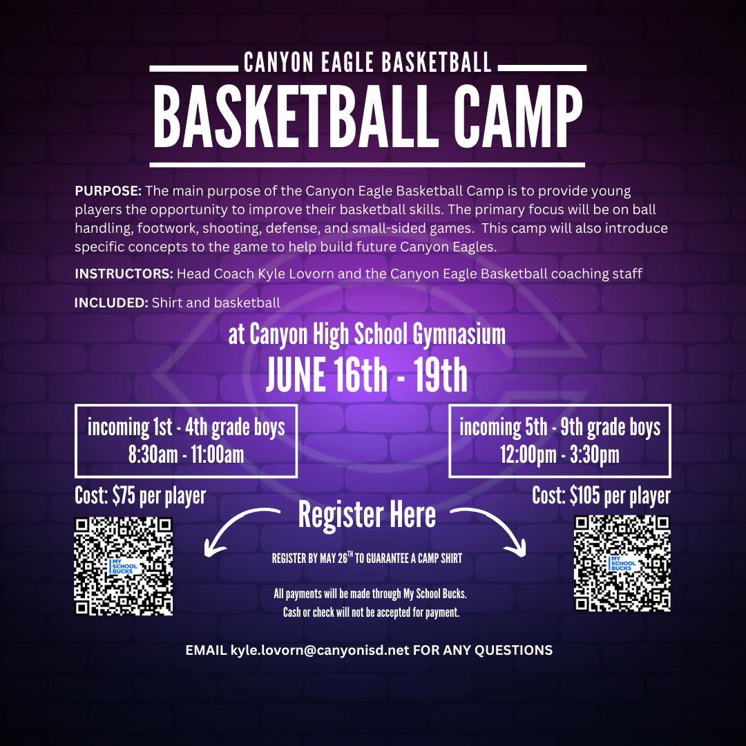 Canyon Eagle Basketball (@chseaglehoops) on Twitter photo Can’t wait to see all of our young Eagles at camp this summer!  Here is all the info you need to know.
Get registered today!!!
🏀Go Eagles🦅 Can’t wait to see all of our young Eagles at camp this summer!  Here is all the info you need to know.
Get registered today!!!
🏀Go Eagles🦅