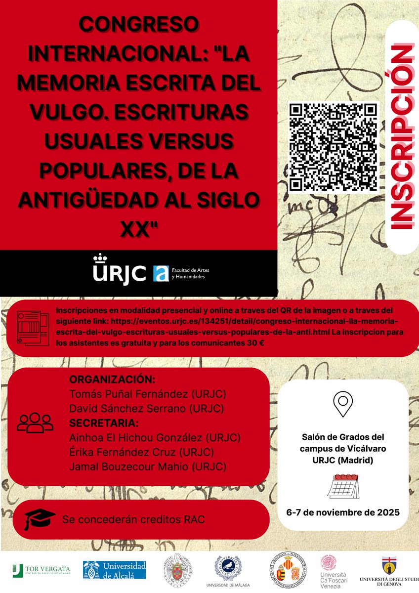 📢#CallForPapers para el Congreso Internacional "La memoria escrita del vulgo: escrituras usuales versus populares desde la Antigüedad al siglo XX". Organizado por nuestro compañero Tomás Puñal <a href="/urjc/">URJC</a> , tendrá lugar los días 6-7 de nov. Envío de propuestas hasta el 15 de sept👇