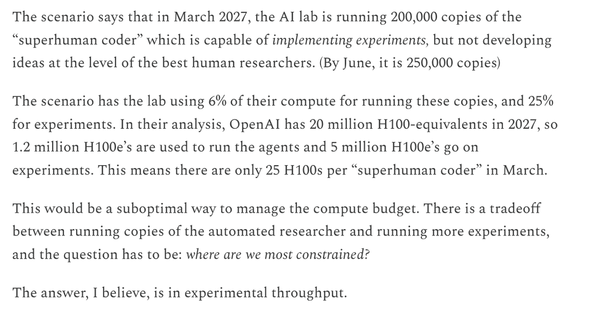 AI 2027 forecasts that 200k automated superhuman coders will be accelerating AI research in March 2027, but what are they all going to do?

Based on their forecast, each coder only has 20 GPUs to work with.

My latest piece on why I think AI 2027 is an unrealistic scenario:
