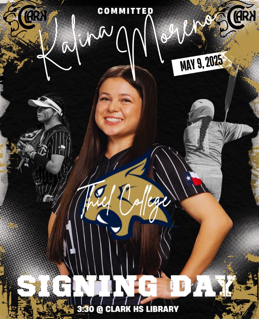 Clark Softball (@clarksoftball) on Twitter photo Please join us this Friday as we celebrate Katina signing her letter of intent to play at Thiel College. We are so proud of you!! <a href="/CoachHalli/">Becca Halliburton</a> <a href="/jordangoins07/">Coach Jo</a> <a href="/clarkcoachkelly/">Coach Kelly</a> <a href="/11mkalina/">Kalina Moreno</a> Please join us this Friday as we celebrate Katina signing her letter of intent to play at Thiel College. We are so proud of you!! <a href="/CoachHalli/">Becca Halliburton</a> <a href="/jordangoins07/">Coach Jo</a> <a href="/clarkcoachkelly/">Coach Kelly</a> <a href="/11mkalina/">Kalina Moreno</a>