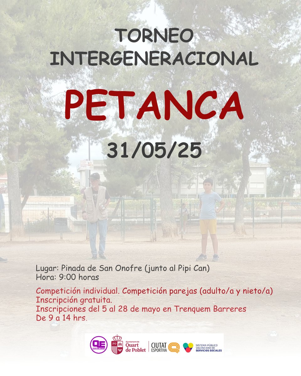 <a href="/quartesport/">quartesport</a> Con motivo del Mes del Deporte, el 31 de mayo se celebrará el II Torneo Intergeneracional de Petanca en la pinada de San Onofre. 🌳 ⚾️

✍🏼 Las inscripciones son gratuitas y podrán realizarse hasta el 28 de mayo, de 09 a 14h, en el centro Trenquem Barreres
#QuartÉsEsport