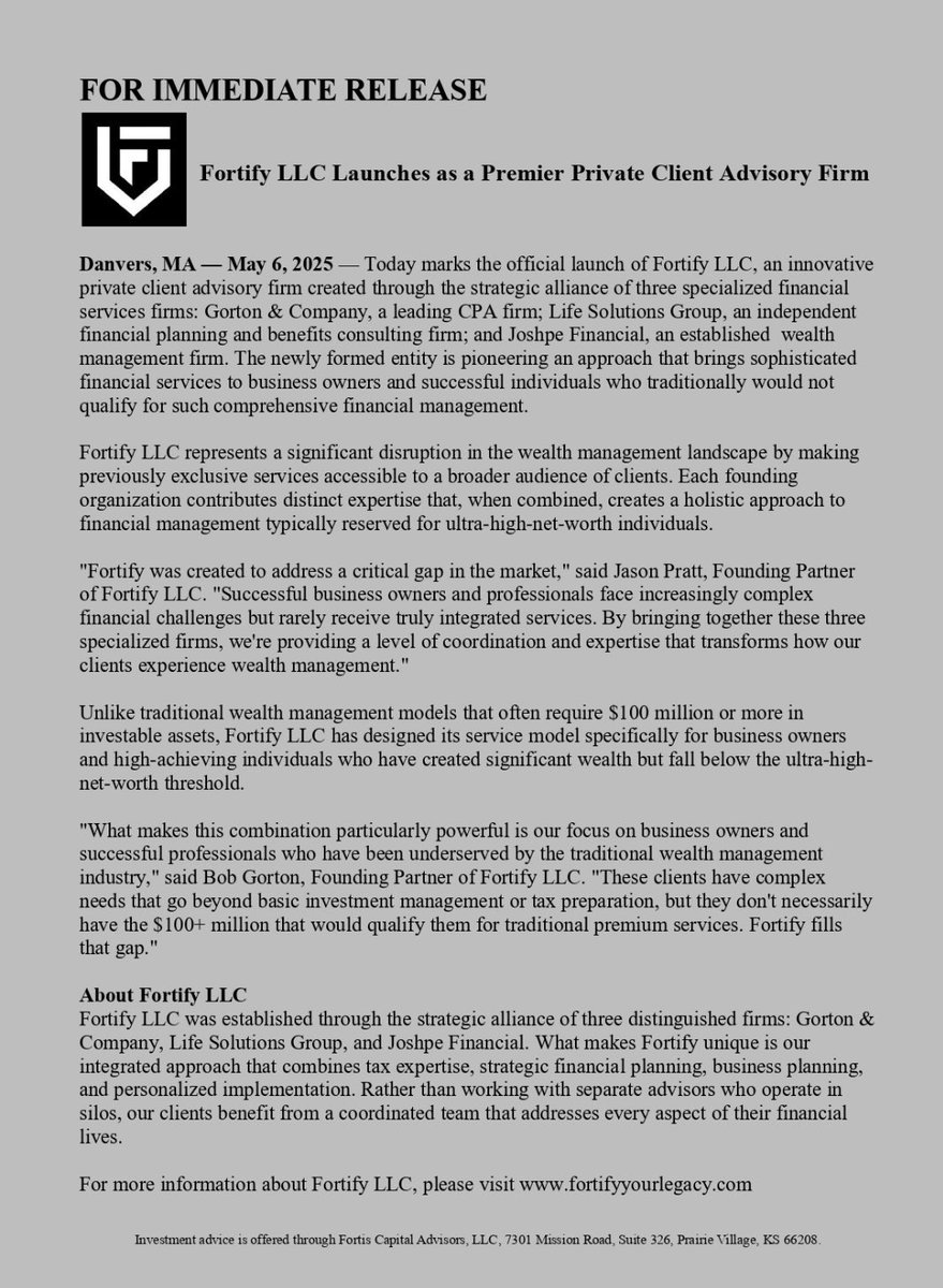 Fortifylegacies's tweet photo. Today marks the official launch of Fortify LLC, a premier private client advisory firm! This strategic alliance combines our financial planning expertise with tax advisory and wealth management services to create a truly integrated approach for business owners and individuals. https://t.co/DSHljVYOpD