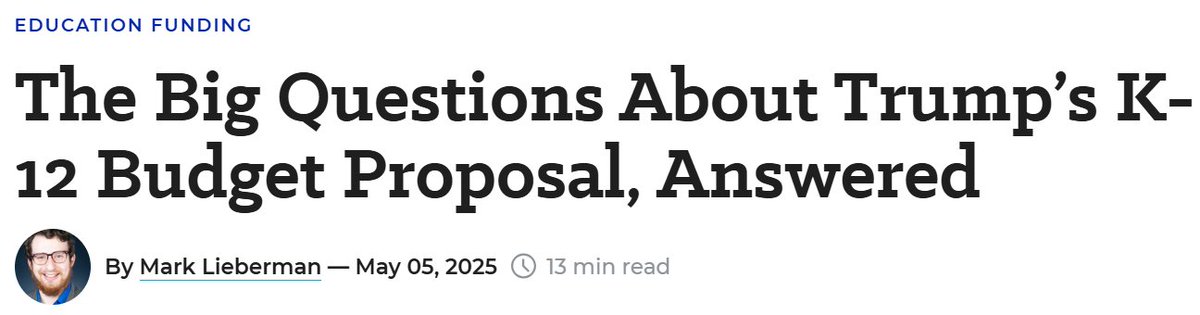 Here's a great explainer on Trump's FY2026 education budget proposal from <a href="/MarkALieberman/">Mark Lieberman</a>. Link in next post. <a href="/arotherham/">Andrew Rotherham</a> <a href="/CEDR_US/">Dan Goldhaber</a> <a href="/aejochim/">Ashley Jochim</a> <a href="/MichaelPetrilli/">Michael Petrilli</a>