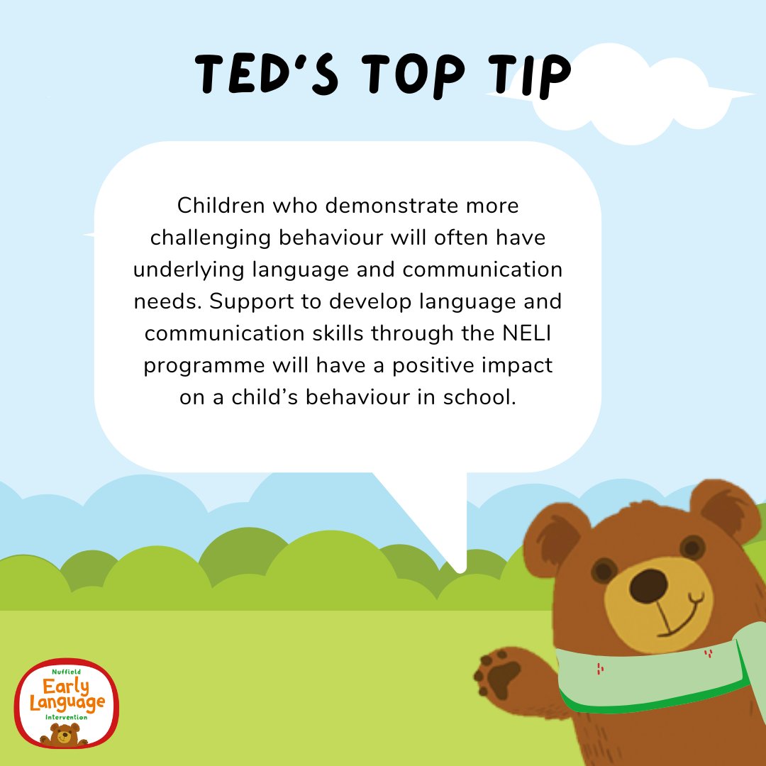 Behaviour 🤝 oral language. Research has shown that there are many links between oral language skills and behaviour. In fact, a follow up study of NELI showed that children who received NELI had significantly improved behaviour compared to those who did not.