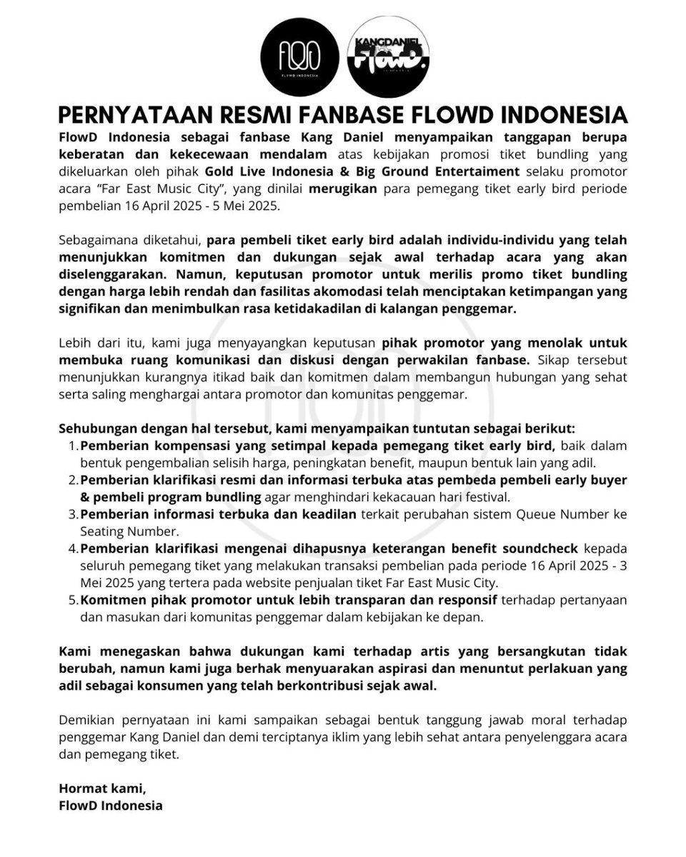 Dengan hormat, kami meminta tanggapan resmi dari pihak Gold Live Indonesia dan Big Ground Entertaiment selaku promotor dalam waktu 1x24 jam sejak pernyataan ini disampaikan. 

<a href="/Goldlive_idn/">Goldlive Indonesia</a> <a href="/bigground_ent/">Big Ground Entertainment</a>