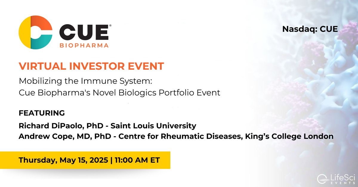 LifeSci Advisors (@lifesciadvisors) on Twitter photo Join <a href="/CueBiopharma/">Cue Biopharma</a> $CUE for a virtual event on May 15 at 11am ET featuring Drs. DiPaolo and Cope as they discuss Cue's biologics platform and potential to selectively activate disease relevant T cells with reduced risk of adverse events.
Register: bit.ly/3GFKRSC Join <a href="/CueBiopharma/">Cue Biopharma</a> $CUE for a virtual event on May 15 at 11am ET featuring Drs. DiPaolo and Cope as they discuss Cue's biologics platform and potential to selectively activate disease relevant T cells with reduced risk of adverse events.
Register: bit.ly/3GFKRSC