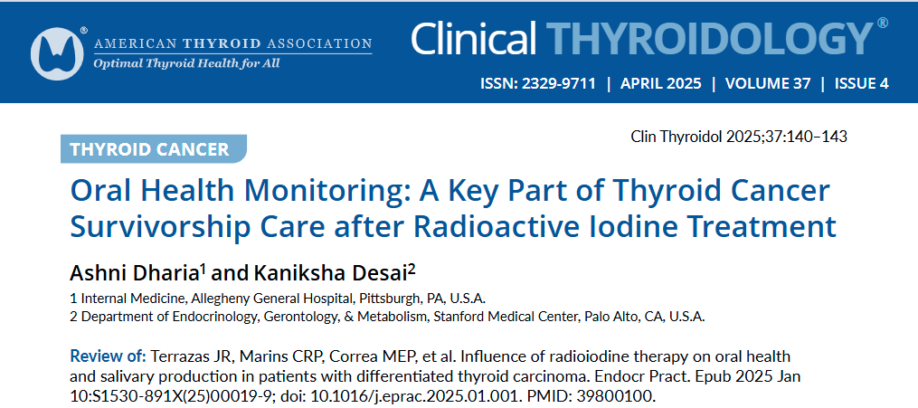 Clinical Thyroidology (@clinicalthyroid) on Twitter photo Highlighting the importance of quality of life after #thyroidcancer treatment, Drs. Desai & Dharia review cross-sectional study on salivary complaints following #RadioactiveIodine.
ow.ly/IYb150VLsqN
#medtwitter #endotwitter #RAI #QOL <a href="/StanfordDeptMed/">Stanford Department of Medicine</a> <a href="/ThyCaInc/">ThyCa Inc.</a> #thyroid Highlighting the importance of quality of life after #thyroidcancer treatment, Drs. Desai & Dharia review cross-sectional study on salivary complaints following #RadioactiveIodine.
ow.ly/IYb150VLsqN
#medtwitter #endotwitter #RAI #QOL <a href="/StanfordDeptMed/">Stanford Department of Medicine</a> <a href="/ThyCaInc/">ThyCa Inc.</a> #thyroid