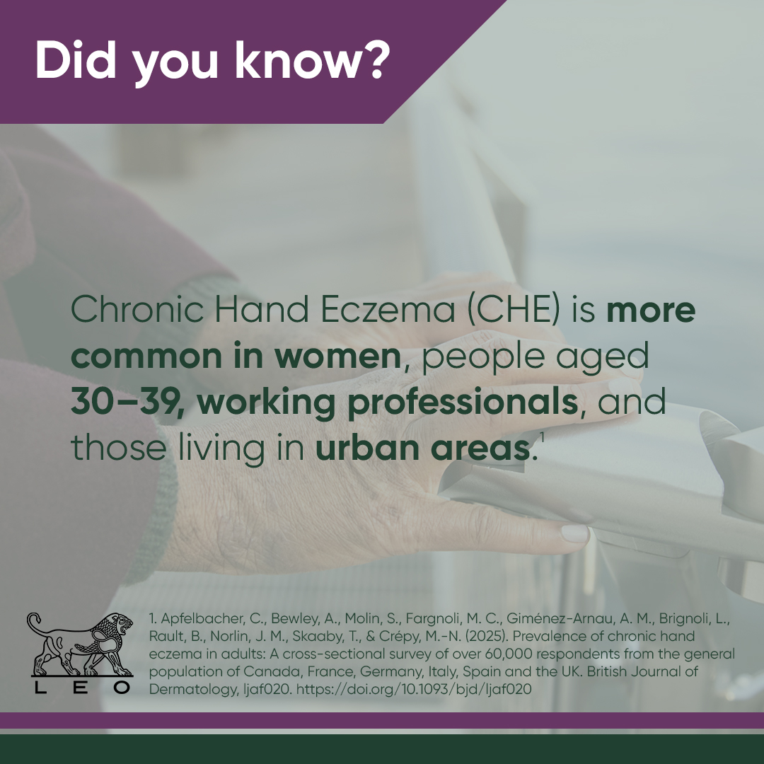 #ChronicHandEczema (CHE) is a condition that affects many, particularly women, individuals aged 30–39, working professionals, and those living in urban areas. Managing this condition can be challenging, as it often impacts daily activities and quality of life. 

#LEOPharma