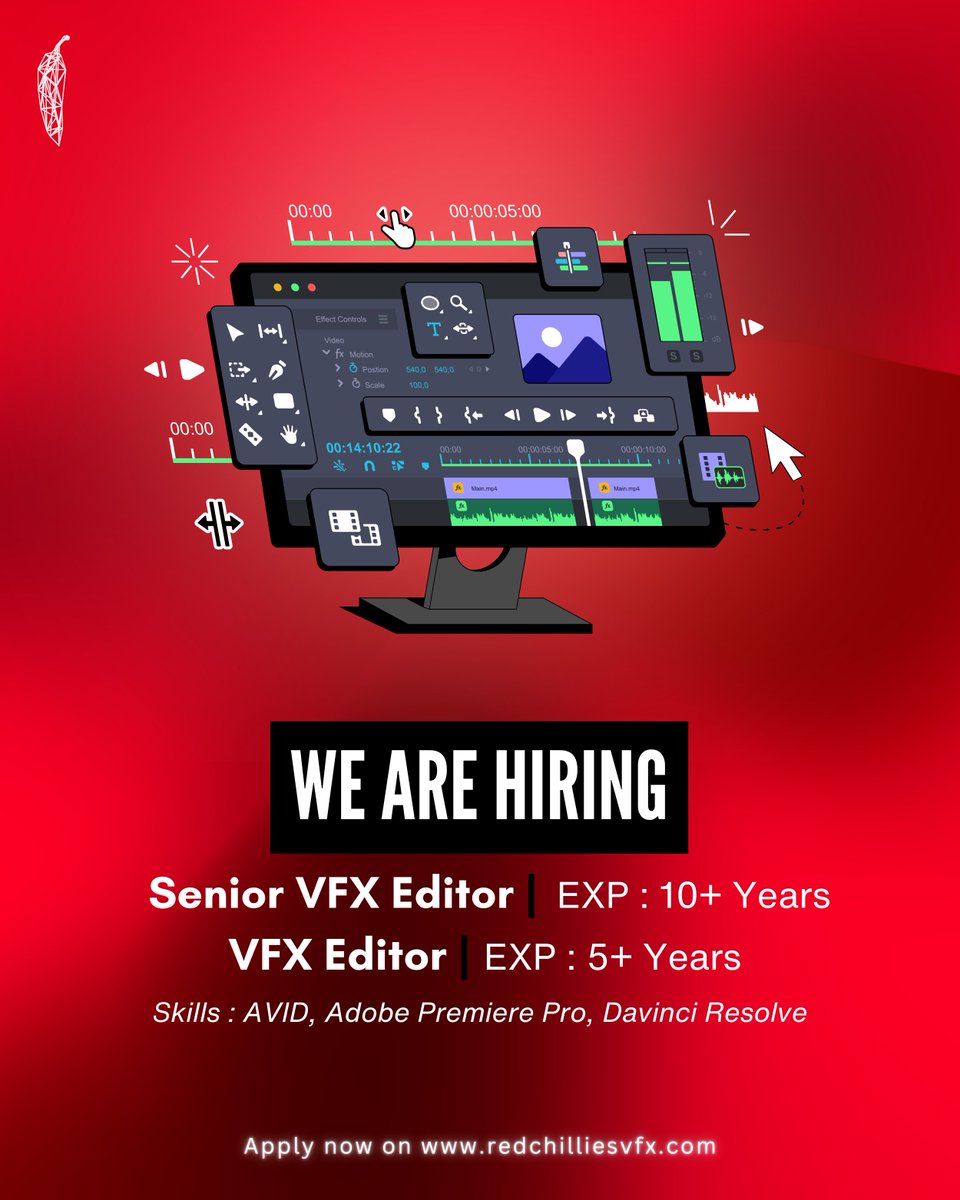 We’re hiring VFX Editors! 📽️🌶️✨

Join the creative force behind some of India’s biggest cinematic visuals.

If editing your superpower, we want to hear from you!

Apply now at redchilliesvfx.com
➖
#VFXJobs #EditorHiring #RedchilliesVFX #VFXEditor #FilmEditing