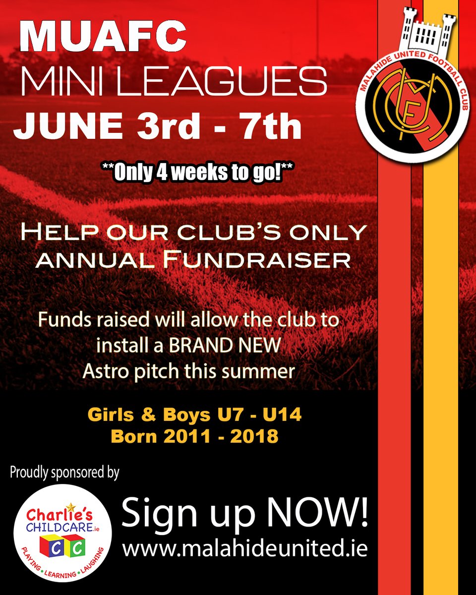 ⚽️️Mini Leagues 2025 ⚽️️

❗️❗️Only 4 weeks away ❗️❗️

Funds raised will allow the club to install a BRAND NEW Astro pitch this summer
📍Gannon Park
 🗓️June 3rd-7th

Open to boys and girls u7-14 (2018-2011)

Sign up now online - malahideunited.ie/mini-leagues/