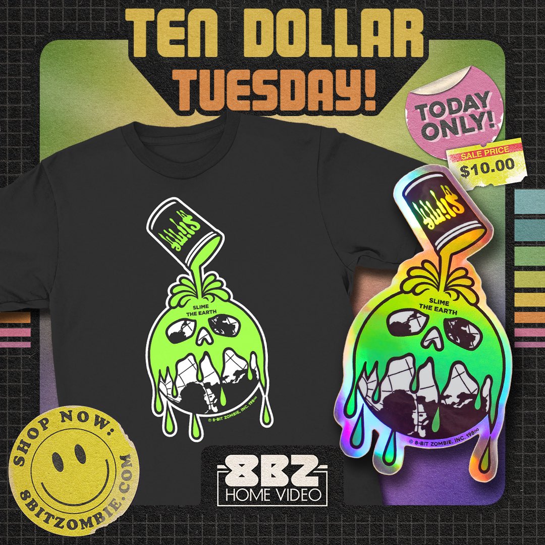 This 10 Dollar Tuesday, we’re sliming the earth! 🧪🌎 That’s right, our Sherwin-Williams/MOTU Slime mashup is just 10 bucks! And If that’s not enough you also get a rad holo sticker for free! Today only. You snooze, you ooze. ⏰
8BITZOMBIE.COM