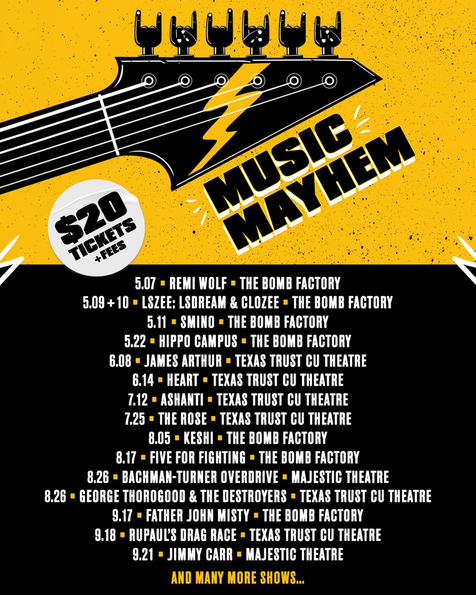 🎶 Music Mayhem is here — and so are $20 tickets! 🎟️ For 8 days only, get tickets to select shows for just $20 (plus fees), including Remi Wolf, Heart, Father John Misty, RuPaul’s Drag Race, and many more! This offer ends May 13 at 11:59 PM CT!

🔗axs.com/series/27660/m…
