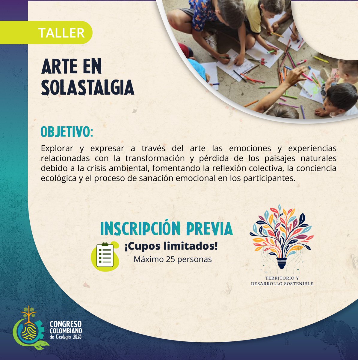"¿Sientes angustia por los cambios en el medio ambiente?

Participa en el "Taller de arte en solastalgia" 

¡Te esperamos en Cali para crear y sanar juntos!🌿✨

+info:
arasari-ci.com/actividades-cc…
#Congreso Colombiano de #Ecología 2025